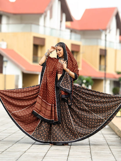 Rajwada Black And Maroon Printed Cotton Stitched Lehenga With Stitched Blouse And Dupatta For Women