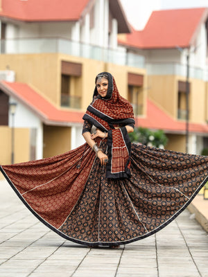 Rajwada Black And Maroon Printed Cotton Stitched Lehenga With Stitched Blouse And Dupatta For Women