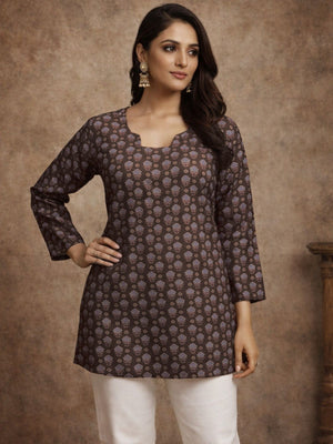 Rajwada Brown Silk Blend Printed Solid Kurti For Women