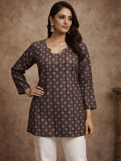 Rajwada Brown Silk Blend Printed Solid Kurti For Women