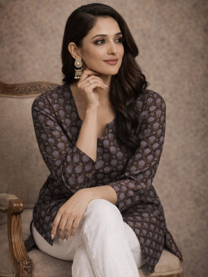 Rajwada Brown Silk Blend Printed Solid Kurti For Women