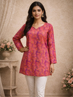Rajwada Pink Silk Blend Floral Print Solid Kurti For Women
