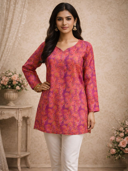 Rajwada Pink Silk Blend Floral Print Solid Kurti For Women