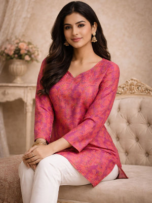Rajwada Pink Silk Blend Floral Print Solid Kurti For Women