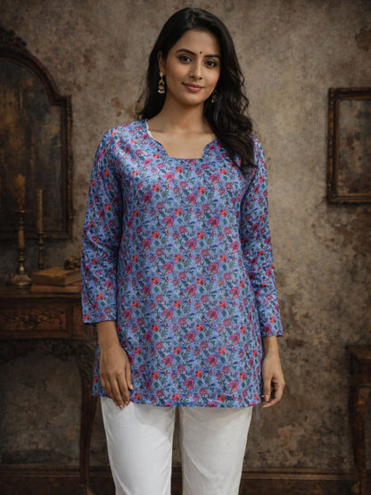 Rajwada Blue Silk Blend Floral Print Solid Kurti For Women