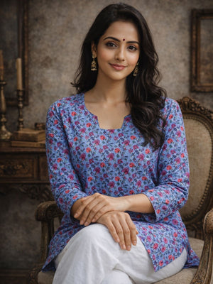 Rajwada Blue Silk Blend Floral Print Solid Kurti For Women