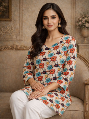 Rajwada Multicolor Silk Blend Floral Print Solid Kurti For Women