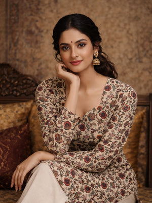 Rajwada Multicolor Silk Blend Floral Print Solid Kurti For Women