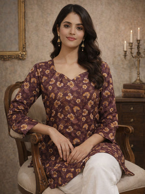Rajwada Brown Silk Blend Floral Print Solid Kurti For Women
