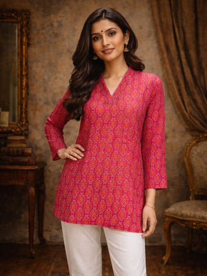 Rajwada Pink Silk Blend Printed Solid Kurti For Women