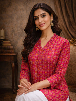 Rajwada Pink Silk Blend Printed Solid Kurti For Women