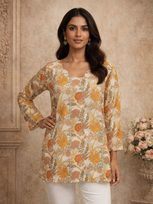Rajwada Multicolour Silk Blend Floral Print Solid Kurti For Women