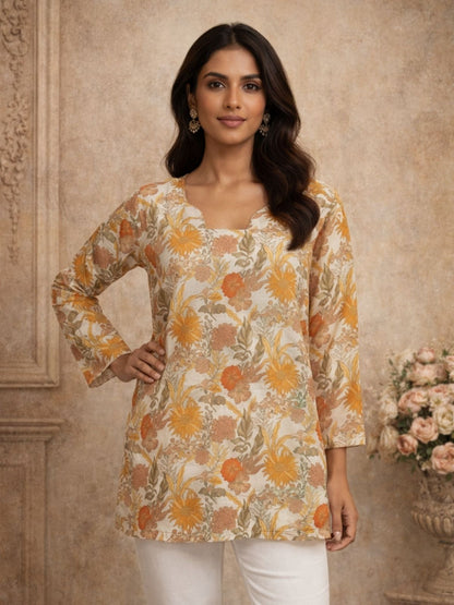 Rajwada Multicolour Silk Blend Floral Print Solid Kurti For Women