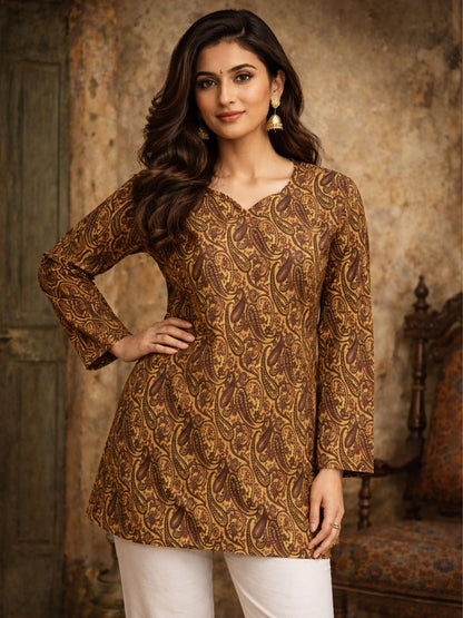 Rajwada Brown Silk Blend Printed Solid Kurti For Women