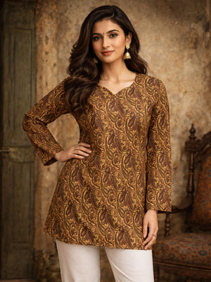 Rajwada Brown Silk Blend Printed Solid Kurti For Women