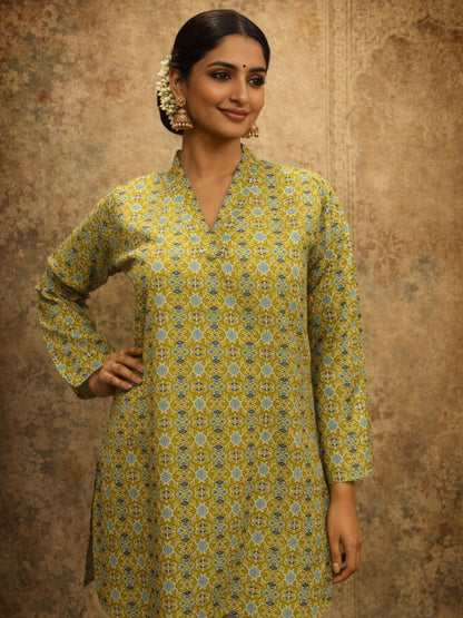 Rajwada Mustard Yellow Silk Blend Printed Solid Kurti For Women
