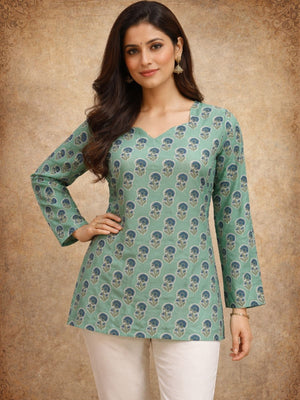 Rajwada Pastel Green Silk Blend Printed Solid Kurti For Women