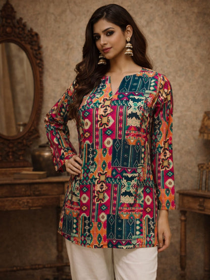 Rajwada Multicolor Silk Blend Printed Solid Kurti For Women