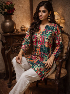 Rajwada Multicolor Silk Blend Printed Solid Kurti For Women