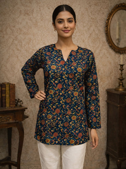 Rajwada Navy Blue Silk Blend Printed Solid Kurti For Women