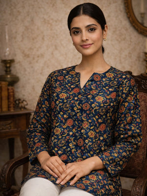 Rajwada Navy Blue Silk Blend Printed Solid Kurti For Women