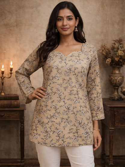 Rajwada Beige Silk Blend Printed Solid Kurti For Women