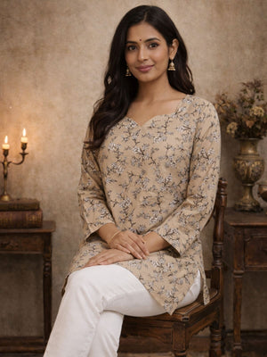 Rajwada Beige Silk Blend Printed Solid Kurti For Women
