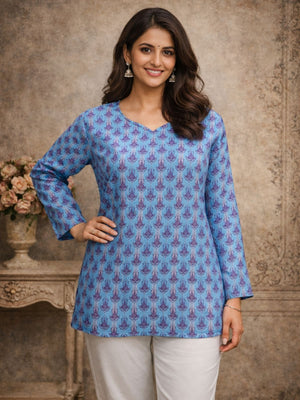 Rajwada Blue Silk Blend Printed Solid Kurti For Women