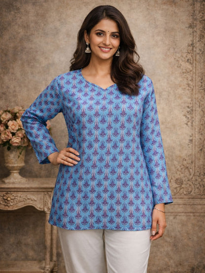 Rajwada Blue Silk Blend Printed Solid Kurti For Women