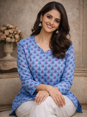 Rajwada Blue Silk Blend Printed Solid Kurti For Women