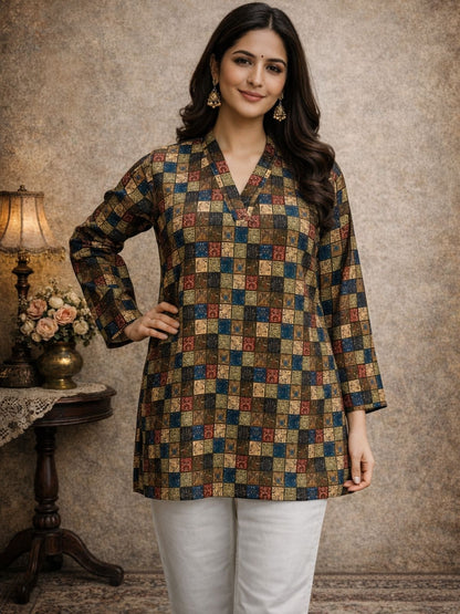Rajwada Multicolor Silk Blend Printed Solid Kurti For Women