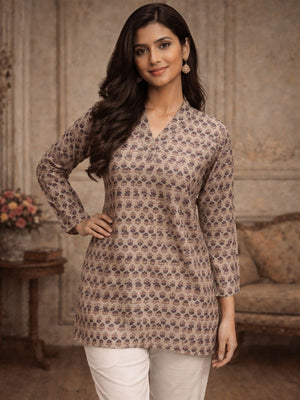 Rajwada  Light Brown Silk Blend Printed Solid Kurti For Women