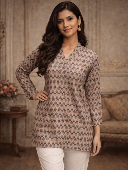 Rajwada  Light Brown Silk Blend Printed Solid Kurti For Women