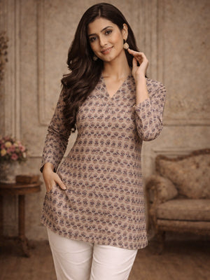 Rajwada  Light Brown Silk Blend Printed Solid Kurti For Women