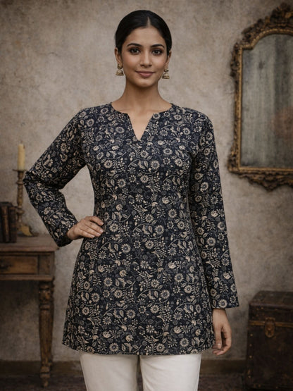 Rajwada Black Silk Blend Printed Solid Kurti For Women