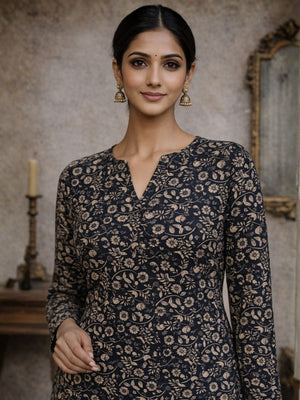 Rajwada Black Silk Blend Printed Solid Kurti For Women
