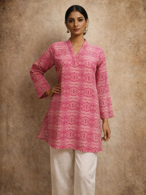 Rajwada Pink Silk Blend Printed Solid Kurti For Women