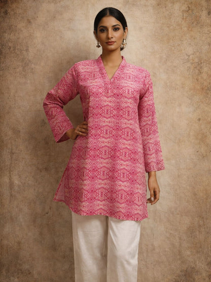 Rajwada Pink Silk Blend Printed Solid Kurti For Women