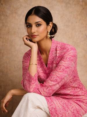 Rajwada Pink Silk Blend Printed Solid Kurti For Women