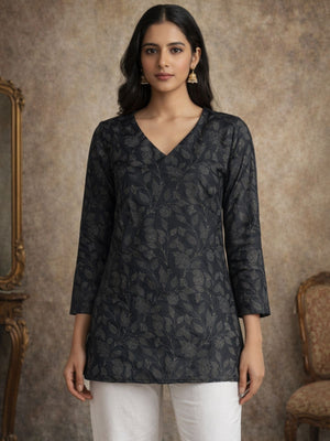 Rajwada Black Silk Blend Printed Solid Kurti For Women