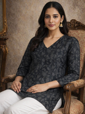 Rajwada Black Silk Blend Printed Solid Kurti For Women