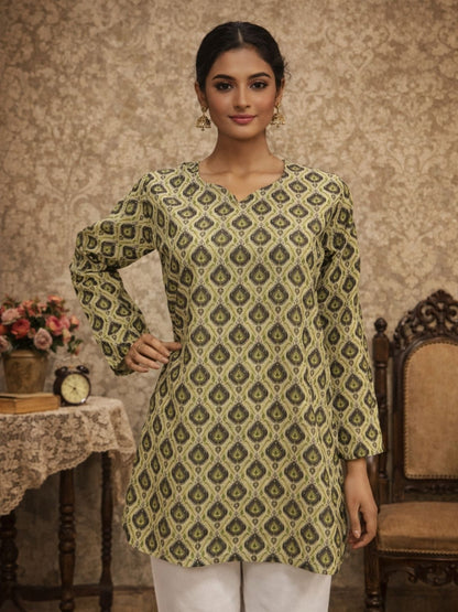 Rajwada Olive Green Silk Blend Printed Solid Kurti For Women
