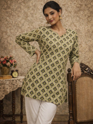 Rajwada Olive Green Silk Blend Printed Solid Kurti For Women