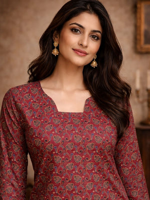 Rajwada Maroon Silk Blend Printed Solid Kurti For Women