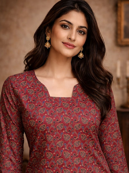 Rajwada Maroon Silk Blend Printed Solid Kurti For Women