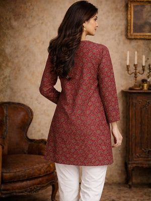 Rajwada Maroon Silk Blend Printed Solid Kurti For Women