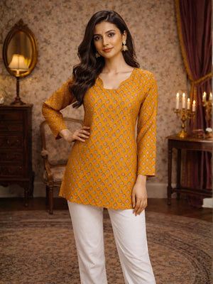 Rajwada Yellow Silk Blend Printed Solid Kurti For Women