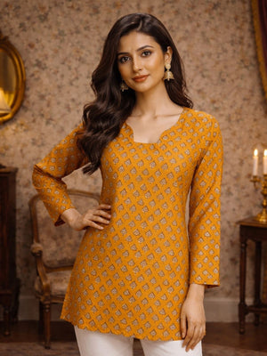 Rajwada Yellow Silk Blend Printed Solid Kurti For Women
