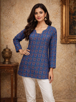 Rajwada Blue Silk Blend Printed Solid Kurti For Women