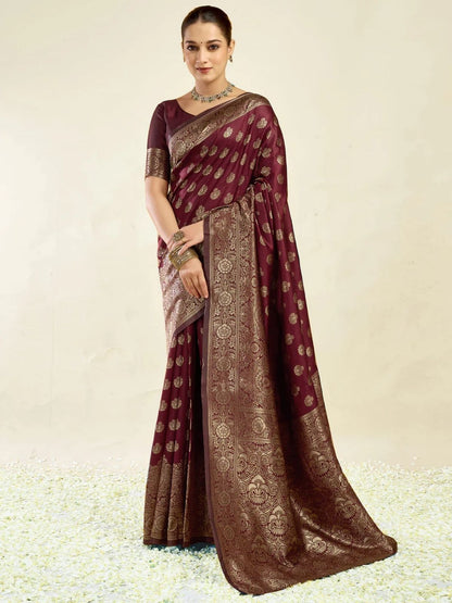 Rajwada Maroon Silk Blend Zari Work Saree For Women